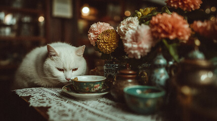 A white cat sniffing a teacup on a decorated table with flowers.
