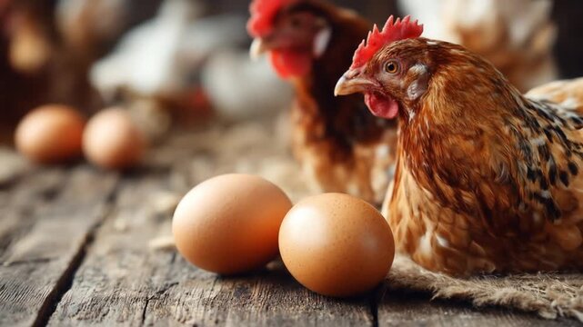 A rustic scene shows hens beside smooth brown eggs on weathered wood planks. Nearby hens watch scene