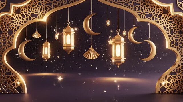Golden lanterns and crescent moons hanging from an intricately designed Islamic archway on a starry night background for ramadhan greeting card, poster design