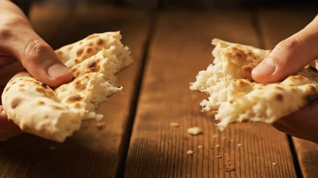 Hands tearing a piece of warm Indian naan bread flatbread
