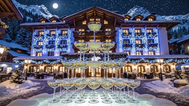 Grand Hotel Opening With Mirrored Champagne Tower Reflecting Starry Sky And Moon, Illuminated FaAde Wrapped In Decorative Lights, Snowy Forecourt And Elegant Glasses Ready For Milestone Toast.