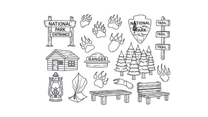 Outlined national park icons set trail cabin entrance sign paw prints © renata