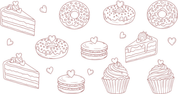 Cute Hand-drawn Desserts with Hearts for Sweet Celebrations