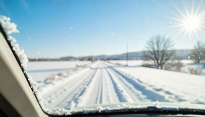 Obraz premium Snowy landscape viewed from car window, winter beauty