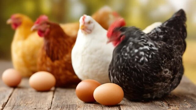 Several farm chickens of varied colors gather near eggs on a weathered, wooden table under soft sun