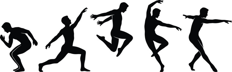Silhouettes of dance movement sequence, crouch to upright pose, black figures, expressive motion, fluid gesture, athletic posture, choreography, white background, kinetic art ©  BAKKOR