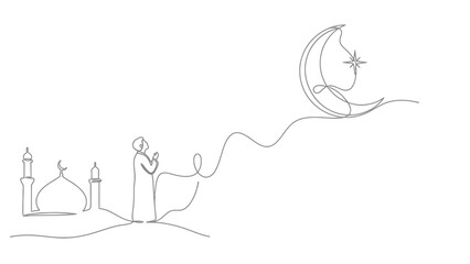 Naklejka premium Continuous Line Drawing: Muslim praying before mosque under crescent moon and star