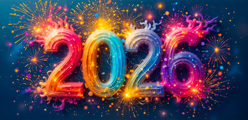 Vibrant 2026 new year banner with colorful fireworks and glass digits