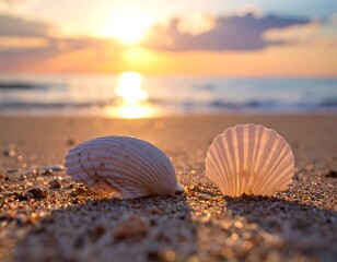 Close-up of seashells on sandy beach during a beautiful sunset