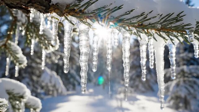 Sunlit icicles hang from a snow-covered evergreen branch, creating a sparkling winter scene
