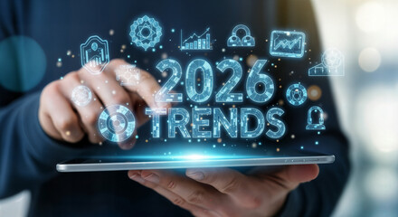 "Business Professional Holding Tablet with Holographic 2026 Trends Data and Technology Icons"
