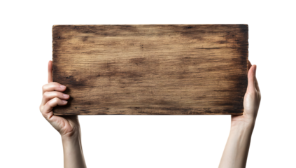 Hands holding weathered wooden sign on white background isolated on a transparent background