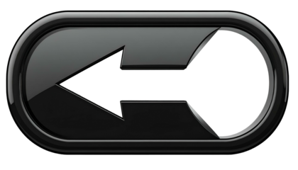 Glossy black oval-shaped rewind symbol with sharp left-facing arrow and open right-facing arc
