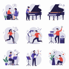 Music activities flat vector illustration set: composition, piano practice, singing performance, songwriting, and sound production concepts.