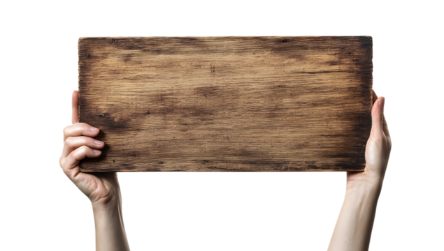 Hands holding weathered wooden sign on white background isolated on a transparent background - Powered by Adobe