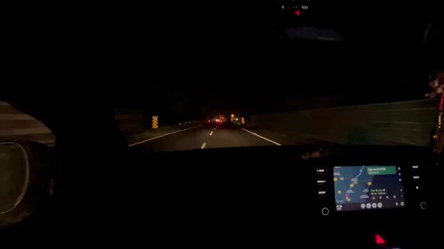 Night highway travel view from moving car