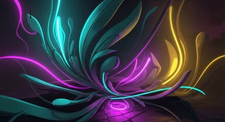 Vibrant Neon Abstract Floral Design with Glowing Petals and Dynamic Light Trails.