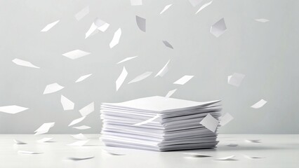 A stack of white paper documents fluttering in the air, symbolizing chaos or important administrative tasks