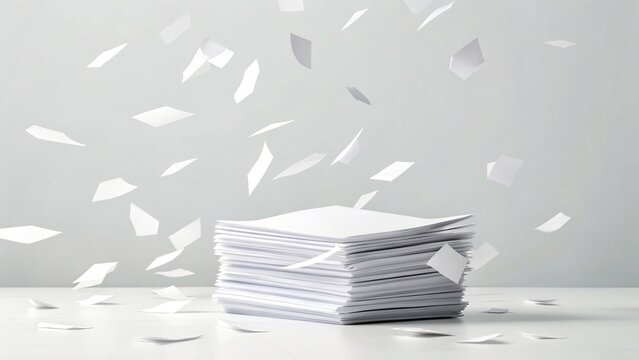 A stack of white paper documents fluttering in the air, symbolizing chaos or important administrative tasks