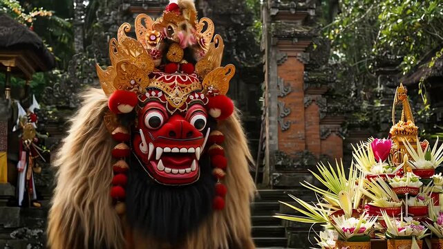 Traditional Balinese Barong dance performance in a temple setting, Bali culture