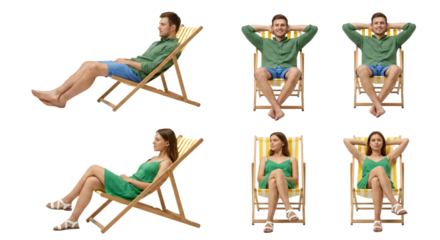 Collection of relaxed young adults sitting and reclining on wooden lounge chairs isolated on