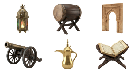 Collection of antique objects including lantern, barrel, archway, cannon, teapot, and open book