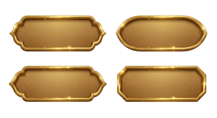 Elegant golden vintage labels with intricate borders isolated on transparent background with shiny