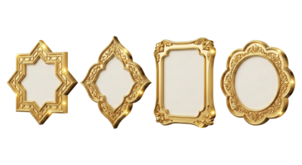 Set of four ornate vintage gold frames with intricate detailing isolated on transparent background