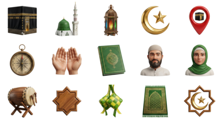 Collection of Islamic and Middle Eastern Cultural Symbols with Religious Artifacts Isolated on