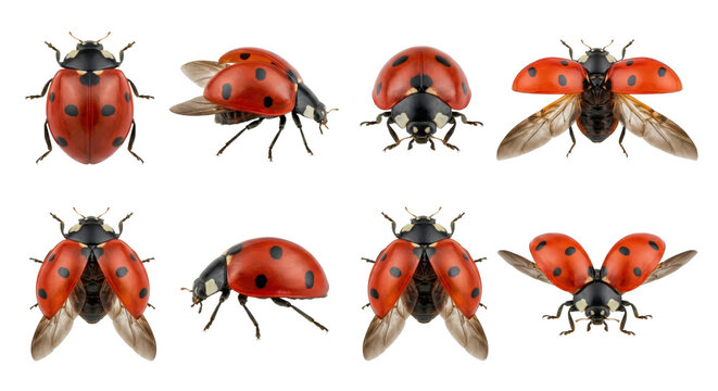 Collection of vibrant red ladybugs with black spots captured from various angles isolated on