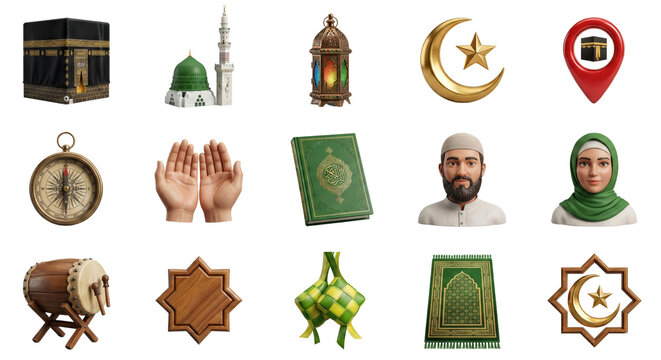 Collection of Islamic and Middle Eastern Cultural Symbols with Religious Artifacts Isolated on