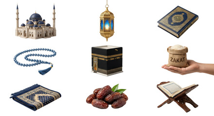 Collection of Islamic religious artifacts and objects with a transparent background image