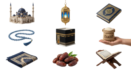 Collection of Islamic religious artifacts and objects with a transparent background image