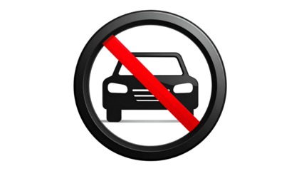 A black and grey circular sign depicts a silhouette of a car with a red slash through it