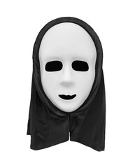 Front view White scary mask with black hood isolated on white background