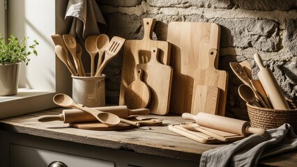 Wooden kitchen utensils and cutting boards on a rustic wooden countertop near a window with a potted plant, natural light