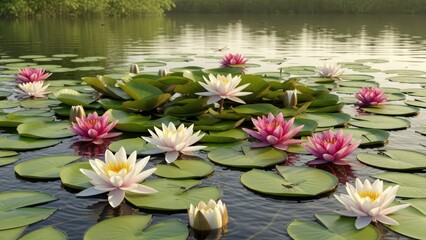Serene pond scenery with pink and white water lilies floating on lily pads basking in sunlight