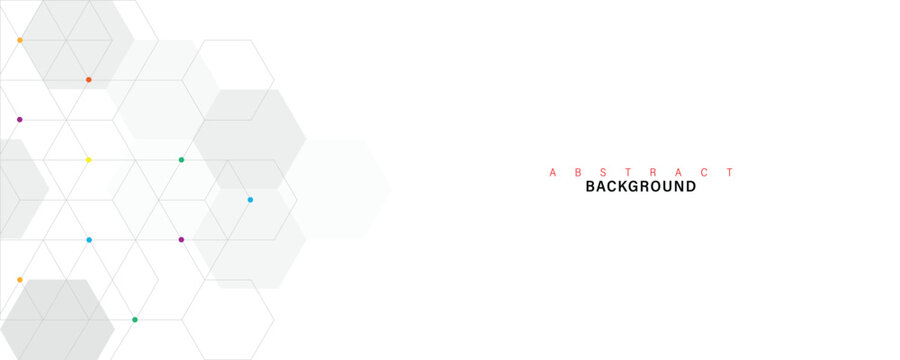 Minimal abstract hexagon background with geometric grid pattern, modern white technology design with colorful connection dots for corporate branding, presentation, website layout and business template