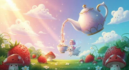 Whimsical Teatime in a Magical Strawberry and Mushroom Garden.