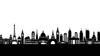 A striking black and white silhouette of famous european city landmarks © Vector Hub24