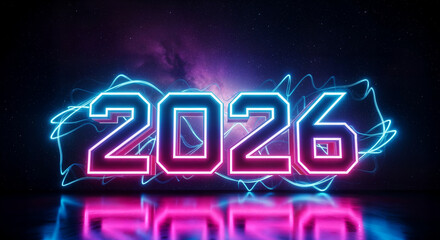 Futuristic neon "2026" glowing numbers on dark cyber background &mdash; technology and neon concept


