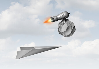 Advanced Technology Advantage Business solutions idea augmenting simplicity as a crumpled paper ball with a rocket engine representing success through technology through clever disruptive creativity.