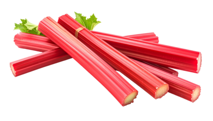 Bright red stalks of vegetable with green leaves, cut and stacked, isolated on black background