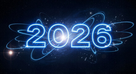 Futuristic neon "2026" glowing numbers on dark cyber background &mdash; technology and neon concept

