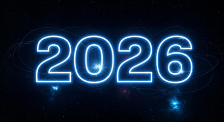 Futuristic neon "2026" glowing numbers on dark cyber background &mdash; technology and neon concept

