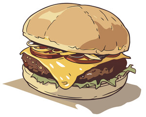 luxury realistic flat cheeseburger illustration, soft glossy bun, layered beef patty, melted cheese and fresh lettuce, clean flat shadows with realistic depth, premium fast food artwork