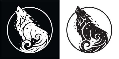 Howling Wolf Silhouette with Stars and Moon Galaxy Theme © Hamdani