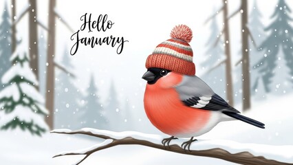Hello January &ndash; bullfinch with red-orange breast in striped knit hat perched on snowy branch. Snowflakes fall in forest background. Seasonal greetings, winter design, and festive illustration.