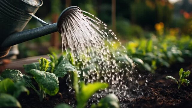 A watering can waters young leafy greens in a sunlit garden bed, nurturing growth and vitality. Now
