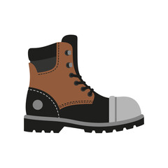 A single illustrated hiking boot in shades of brown black and gray